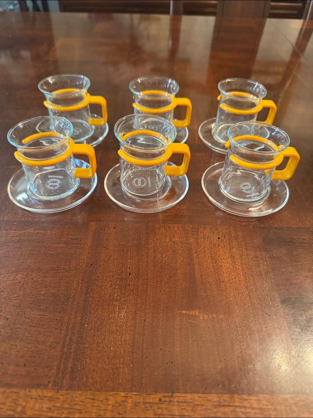 Bodum Glass Espresso Coffee Yellow Handle Set Of 6 With Saucers Vintage Denmark
